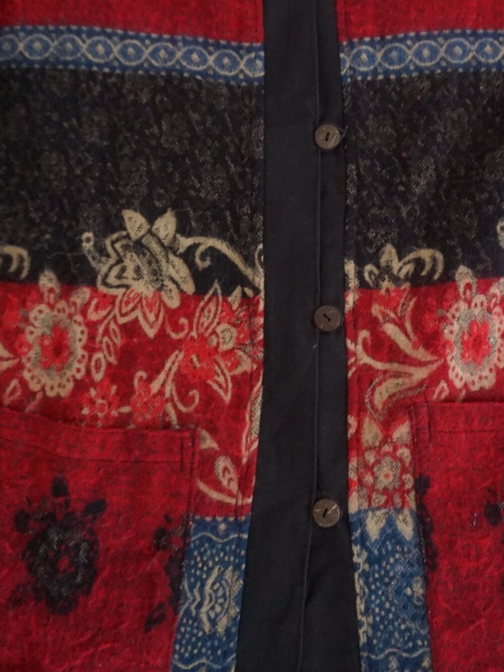 Vintage Red Black Floral Fringe Open Front Wool Cardigan Boho Tapestry XL - Picture 5 of 9
